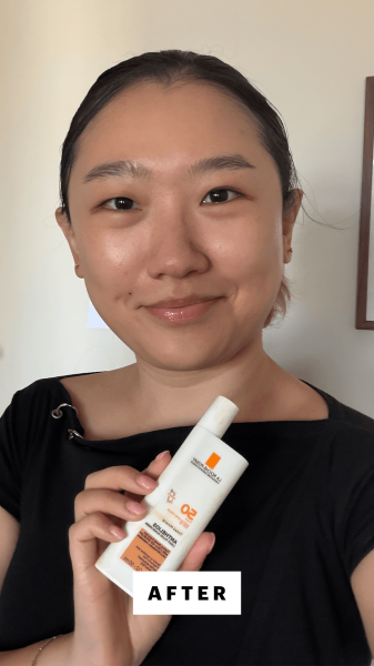 A selfie of Allure commerce editor Sarah Han after applying the La RochePosay Anthelios Mineral Tinted UltraLight Fluid...